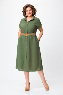Зеленое летнее платье-рубашка из льняной ткани Swallow 747 хаки - фото 5