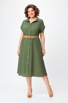 Зеленое летнее платье-рубашка из льняной ткани Swallow 747 хаки - фото 3
