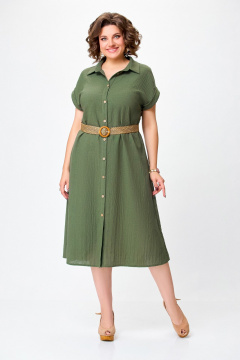 Зеленое летнее платье-рубашка из льняной ткани Swallow 747 хаки - фото 1