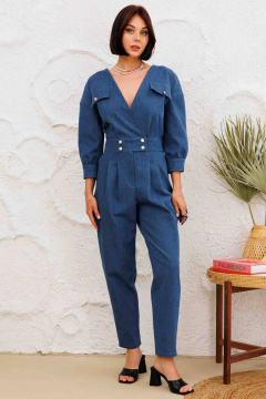 Летний джинсовый комбинезон с V-образным вырезом и карманами AURA otd 4143 темно-синий деним - фото 3