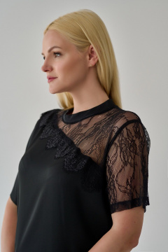 Блуза из кружева и ткани с асимметричной вставкой Мастер Мод 812с чёрный - фото 3