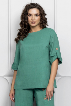 Зеленый льняной костюм: блуза и брюки для летнего стиля Gold Style 2627 изумрудный - фото 3