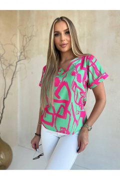Блуза из вискозы с V-образным вырезом и короткими рукавами Nika.PL 040105 зелено-розовый - фото 2