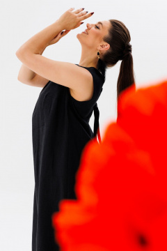 летний льняной сарафан трапеция с разрезами и вырезом Anelli 1472 черный_лебедь - фото 2