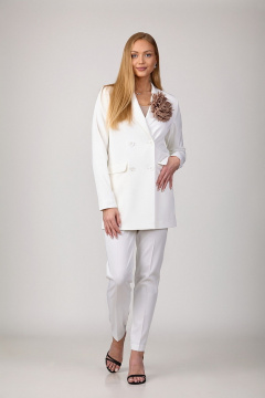 Белый брючный комплект из костюмной ткани с оверсайз жакетом и широкими брюками Rosheli 1085/3 - фото 2