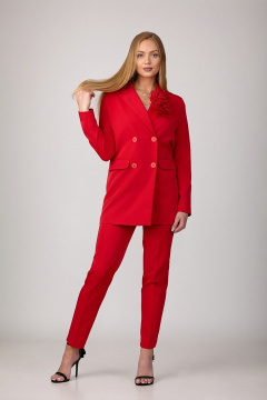 Красный брючный комплект из костюмной ткани с двубортным оверсайз жакетом Rosheli 1085/4 - фото 2