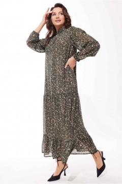 Мягкое платье из шифона с воланами и комплектом пояса Mislana С973 оливка - фото 3