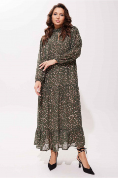 Мягкое платье из шифона с воланами и комплектом пояса Mislana С973 оливка - фото 1