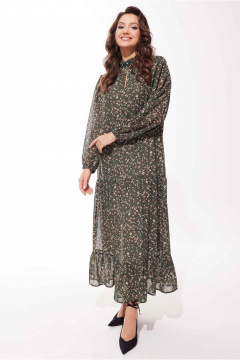 Мягкое платье из шифона с воланами и комплектом пояса Mislana С973 оливка - фото 2