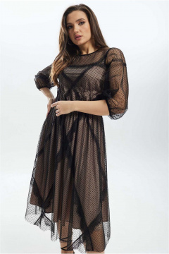 Черное расклешенное платье из двух видов ткани с кружевом и горошком Mislana С908 - фото 2