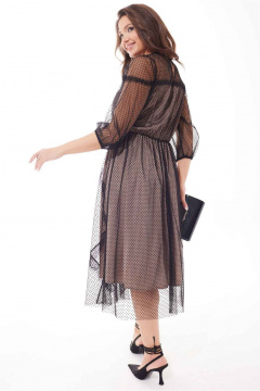 Черное расклешенное платье из двух видов ткани с кружевом и горошком Mislana С908 - фото 5