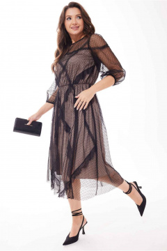 Черное расклешенное платье из двух видов ткани с кружевом и горошком Mislana С908 - фото 4