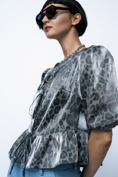 Блуза с баской рукав буфо летняя текстильная леопардовая MilMil 1121 леопардовый_серый - фото 2