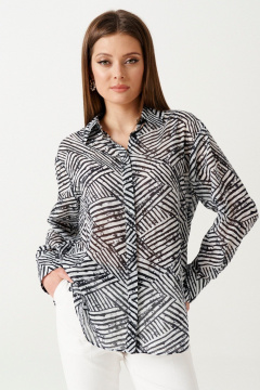 Блузка из хлопка свободного кроя с воротником-стойкой Ketty К-13240 черно-белый - фото 2