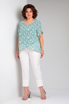 Белое шифоновое блузка с запахом и брюки зауженные Liona Style 901 зеленый-белый - фото 1