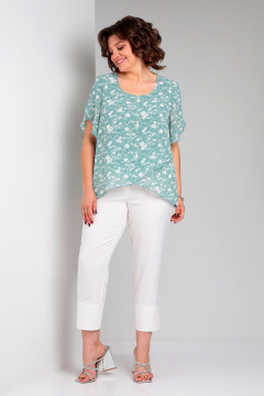 Белое шифоновое блузка с запахом и брюки зауженные Liona Style 901 зеленый-белый - фото 3