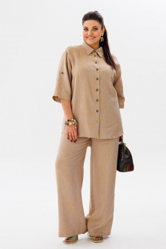 Летний женский костюм из льна с рубашкой и брюками Anelli 1477 бисквит - фото 1