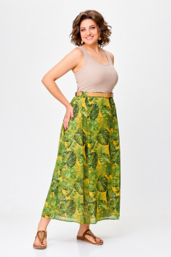 Миди шифоновая юбка с складками и поясом Swallow 753 зелёные_листья_на_жёлтом - фото 4
