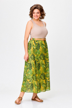 Миди шифоновая юбка с складками и поясом Swallow 753 зелёные_листья_на_жёлтом - фото 2