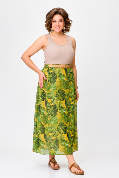 Миди шифоновая юбка с складками и поясом Swallow 753 зелёные_листья_на_жёлтом - фото 1