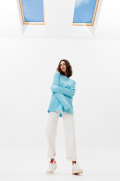 Голубой хлопковый лонгслив с принтом и коротким рукавом HIT 0225ж голубой - фото 5