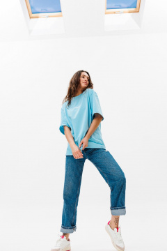 Голубой трикотажный свободный джемпер с принтом  HIT 0224ж голубой - фото 3