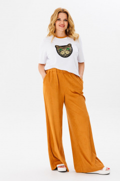 Белый женский брючный костюм с палаццо и контрастной горловиной Michel chic 1383 белый,рыжий - фото 4