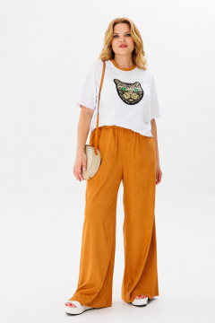 Белый женский брючный костюм с палаццо и контрастной горловиной Michel chic 1383 белый,рыжий - фото 2