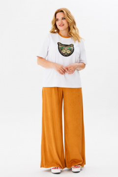 Белый женский брючный костюм с палаццо и контрастной горловиной Michel chic 1383 белый,рыжий - фото 1