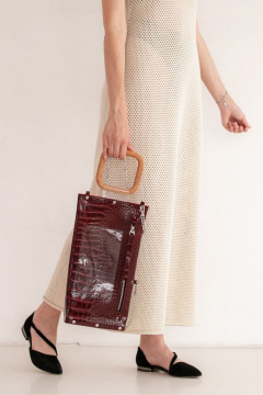 Кожаная сумка через плечо с деревянными вставками, красная Because LONG_BORDO CROKO - фото 5