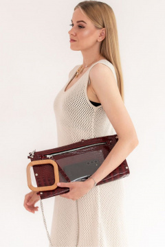 Кожаная сумка через плечо с деревянными вставками, красная Because LONG_BORDO CROKO - фото 2