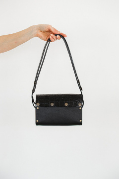 Кожаная сумка через плечо, черная, с деревянными вставками Because NIKOL BLACK CROCO - фото 1