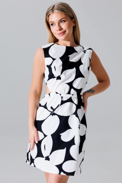 Платье с вырезом лодочка из текстиля и хлопка с резинкой по талии Faufilure C1646 черно-белый - фото 3