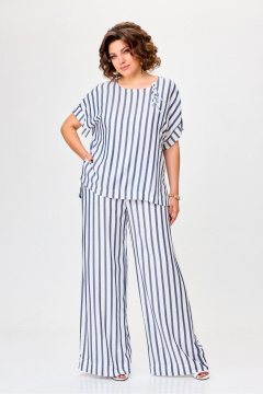 Летний комплект блузки и брюк из легкого текстиля Michel chic 1384 белый,синий,полоска - фото 2