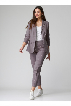 Коричневый костюм жакет и классические брюки из хлопковой ткани БелЭльСтиль 203-2 83 22+586-2 87 22 капучино_горох - фото 2