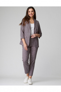 Коричневый костюм жакет и классические брюки из хлопковой ткани БелЭльСтиль 203-2 83 22+586-2 87 22 капучино_горох - фото 1