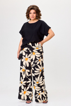 Бежевый и черный комплект брюки и блуза из вискозы Michel chic 1384 черный,ромашка - фото 3