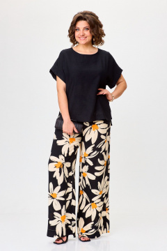 Бежевый и черный комплект брюки и блуза из вискозы Michel chic 1384 черный,ромашка - фото 2