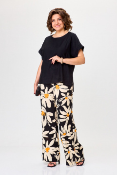 Бежевый и черный комплект брюки и блуза из вискозы Michel chic 1384 черный,ромашка - фото 1
