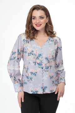 Демисезонная блуза из хлопка с кружевами и жемчужными деталями Anelli 827 серый_цветы - фото 2