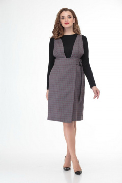 Бежевый сарафан из костюмной ткани, с запахом и поясом Anelli 880 бежевый_клетка - фото 1