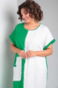 Платье летнее белое и зеленое из льна с карманами и драпировкой Rishelie 948 ярко-зеленый - фото 4