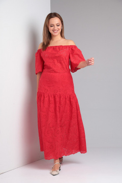 Летнее платье с открытыми плечами и воланом из хлопка TVIN 7806 красный - фото 3