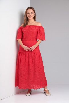 Летнее платье с открытыми плечами и воланом из хлопка TVIN 7806 красный - фото 2