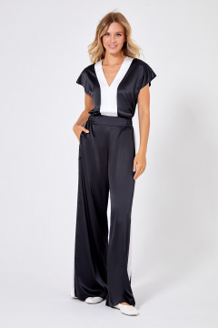 Нарядная черная блуза из шёлка с асимметричным вырезом Rivoli 2361.1 чёрный/молочный - фото 1