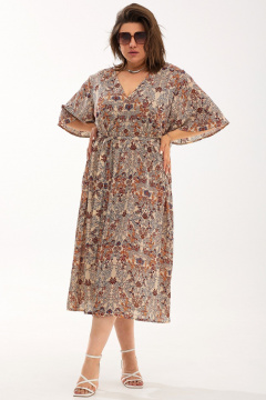 Легкое воздушное платье с разрезами и поясом из шифона BegiModa 1037 облепиха - фото 1