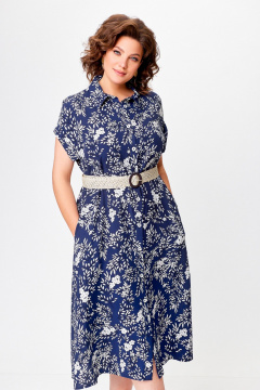 Летнее платье-рубашка свободного кроя с карманами Swallow 755 синий+«белые_веточки» - фото 5