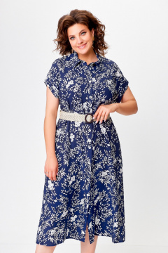 Летнее платье-рубашка свободного кроя с карманами Swallow 755 синий+«белые_веточки» - фото 4