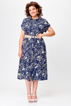 Летнее платье-рубашка свободного кроя с карманами Swallow 755 синий+«белые_веточки» - фото 1