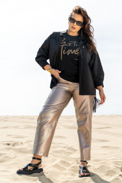 Блуза летняя приталенная из хлопка с карманами и стразами Andina 119 черный - фото 1